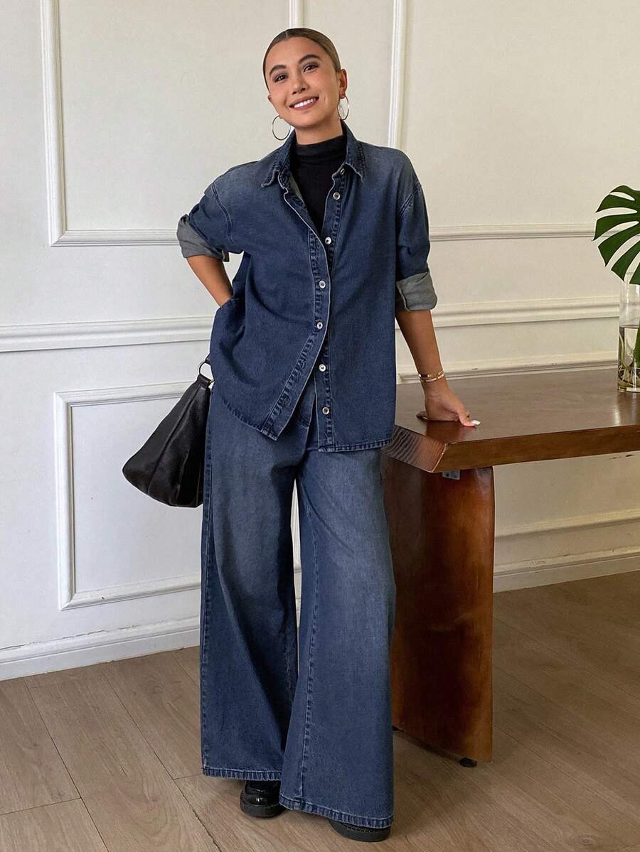 DAZY Women's Collared Shirt And Long Pants Casual Denim Set Fall - Medium Wash - View 1