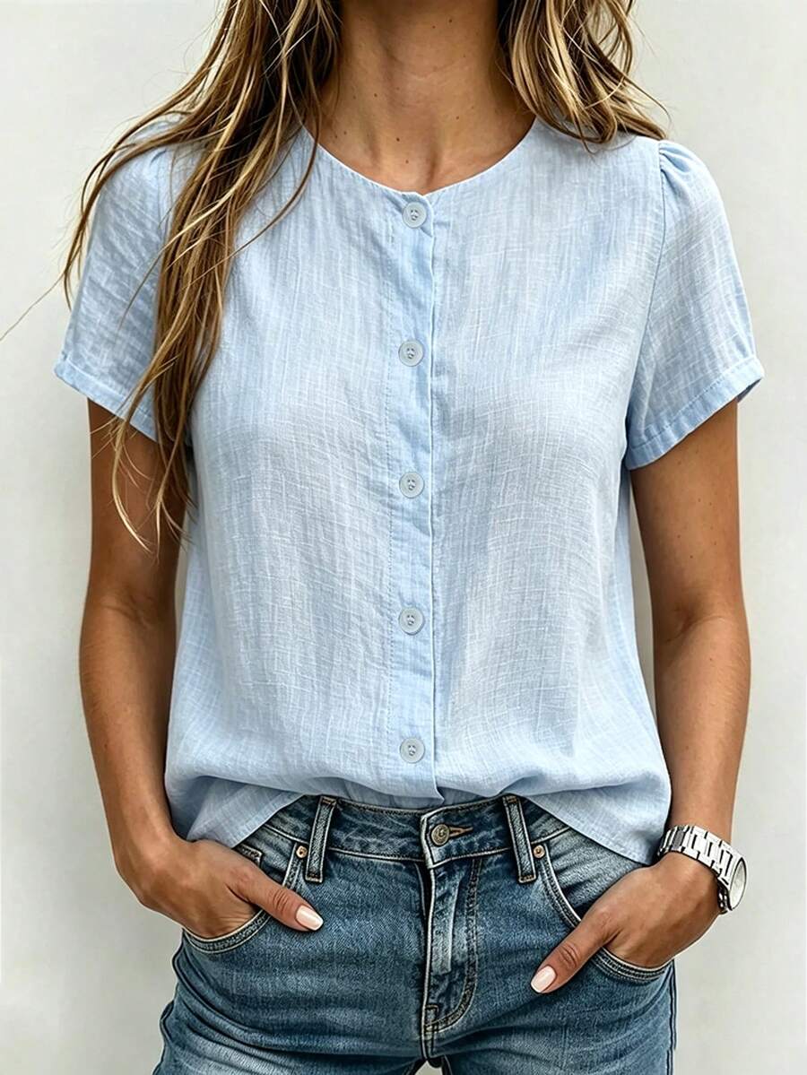 SHEIN Franclia 女款素色圓領前開襟歐根紗刺繡短袖襯衫 淺藍色 夏季休閒 適合辦公室與早午餐 - 藍色 - 查看 1