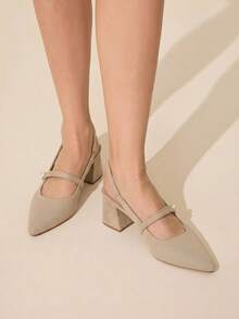 CUCCOO BASICS 時尚經典飛織透氣舒適通勤派對宴會尖頭粗高跟女鞋 Slingback 露跟高跟鞋 - 杏色 - 查看 2