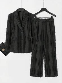 Aveloria Modichic Women's Textured Vertical Stripe Button Jacket And Wide Leg Pants Suit Set - Black - View 3
