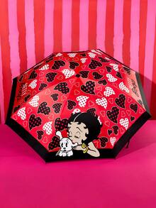 Betty Boop x SHEIN 復古美式卡通折疊傘，滿版 與愛心波點印花，折疊後口袋尺寸，遮陽防雨雙用，防風設計，適合購物與戶外旅行 - 紅黑色 - 查看 5
