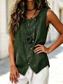 EMERY ROSE Women's Plus Size Casual Solid Color Cotton Fabric Round Neck Button Decor Sleeveless Blouse Formal Vacation Dark Green Summer - Green - View 3