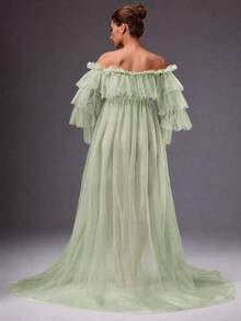 MaterniChic Sexy Fashionable Mesh Ruffle Hem Slit Dress For Pregnant Women Fall - Green - View 2