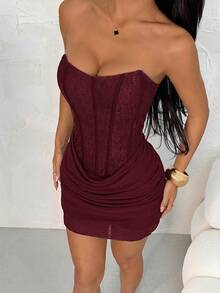 SHEIN PETITE Women's Standard Size Bandeau Lace Ruffle Sexy Dress - Burgundy - View 5