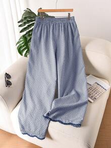 CosyJoli Plus Size Women's Drawstring Waist Plaid Casual Daily Wide Leg Pants Fall - Navy Blue - View 4