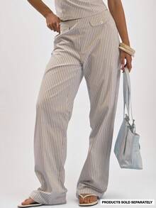 MUSERA Mid Rise Straight Leg Trousers With Stripe Pattern And Button Pocket Flap Detail Coord Bottoms Only Autumn Casual Brunch Vacation Blue White - White - View 2