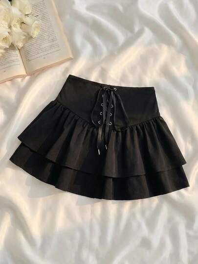 SHEIN MOD Women's Elastic Waist Ruffle Hem Skort Palazzo With Drawstring