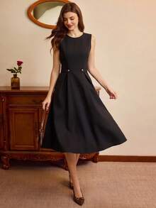 Vintamour Women's Summer Elegant Commute Solid Color Sleeveless Midi Dress - Black - View 2