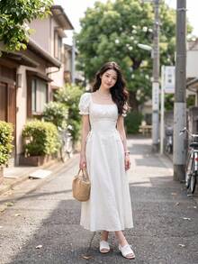 Skyraze Petal Sleeve Tie-Waist Solid Color Square Neck Mid-Length Dress,Summer Dresses For Women - White - View 2