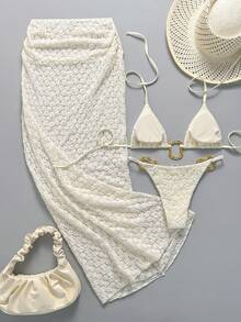Sirith 3-Piece Shiny Summer Casual Pool Party Vacation Holiday Solid Color Halter Triangle Bikini Set With Metal Rings And Mesh Beach Skirt - White - View 3