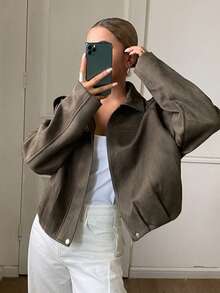 DAZY Women's Solid Color Loose Lapel Long Sleeve Suede Jacket, Casual Street Vacation Autumn/Winter Regular Outerwear - Green - View 2