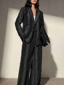 Aveloria Modichic Women's Textured Vertical Stripe Button Jacket And Wide Leg Pants Suit Set - Black - View 5