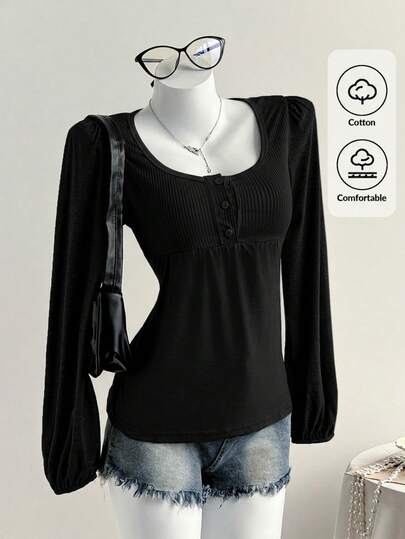 Comfortcana Women's Black Casual Y2K Patchwork Long Sleeve Button T-Shirt, Versatile For Autumn, Thanksgiving, New Year Women's Clothing Everyday