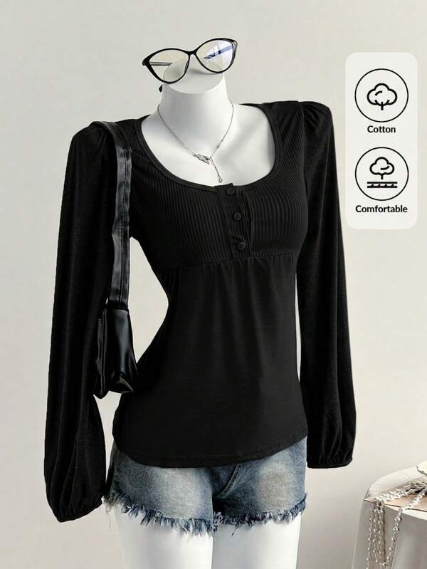 Comfortcana Women's Black Casual Y2K Patchwork Long Sleeve Button T-Shirt, Versatile For Autumn, Thanksgiving, New Year Women's Clothing Everyday