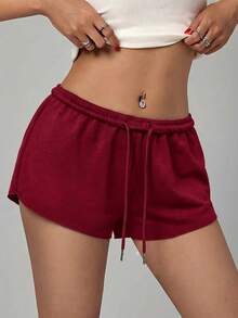 SHEIN PETITE 女款純色鬆緊腰寬鬆休閒短褲 - 酒紅色 - 查看 6