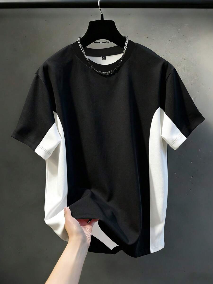 Manfinity Homme Camiseta de manga corta con bloques de color y patchwork para hombre de talla grande - Blanco y Negro - Ver 1