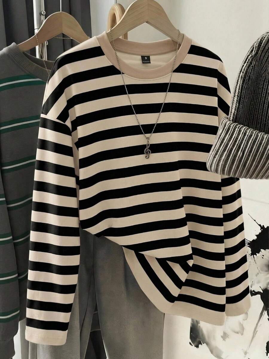 SHEIN EZwear 女款條紋拼色圓領長袖寬鬆T恤,適合夏季 - 彩色 - 查看 1