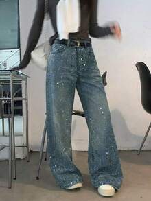 DAZY Women's Rhinestone Embellished Casual Loose Wide-Leg Jeans, Korean Style - Blue - View 4