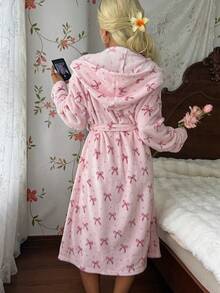 CottageSlumber Women's Autumn/Winter Ins Style Cute Bow Print Plush Pink Long Sleeve Loungewear Robe - Baby Pink - View 2