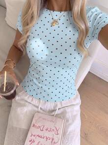 CovetEZ Casual French Minimalist Sexy Light Blue Polka Dot Short Sleeve T-Shirt, Suitable For Spring And Summer, Brunch - Baby Blue - View 6
