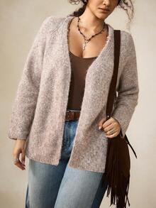 Nubod Plus Size Loose Casual V-Neck Minimalist Commuter Autumn/Winter Sweater Cardigan - Khaki - View 5