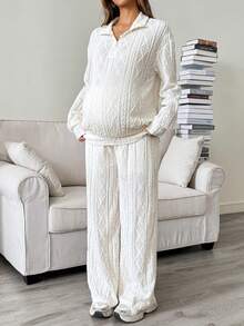SHEIN Maternity Textured Zipper Half-Placket Long Sleeve Top And Adjustable Waist Long Pants 2 Pieces Set Fall - White - View 6