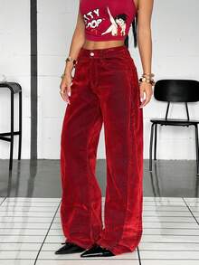 Jeanoix Women's Casual Streetwear Versatile Daily Wear  Flocked Denim Long Pants With Pockets Work Going Out Dark Red Summer - Red - View 6