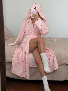 SHEIN Women's Winter Plush Pink Plaid Cherry Print Hooded Robe - Pink - View 4