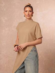 Lumalex Women's Solid Color Split Design Casual Daily Long Top - Khaki - View 5