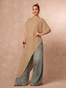 Lumalex Women's Solid Color Split Design Casual Daily Long Top - Khaki - View 6