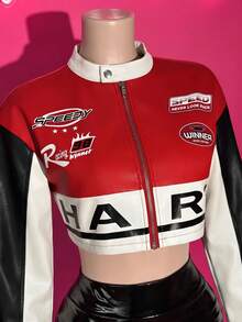 Slaydiva Women Red Black White PU Cropped Racing  Jacket Racing Badge Letter Print Zip‑Up Faux Leather Biker Coat Y2K Halloween Christmas Street Party - Red - View 7