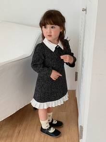 DAZY Infant/Toddler (Girl) Contrast Color Patchwork Short Sleeve Dress With Collar - Grey - View 1