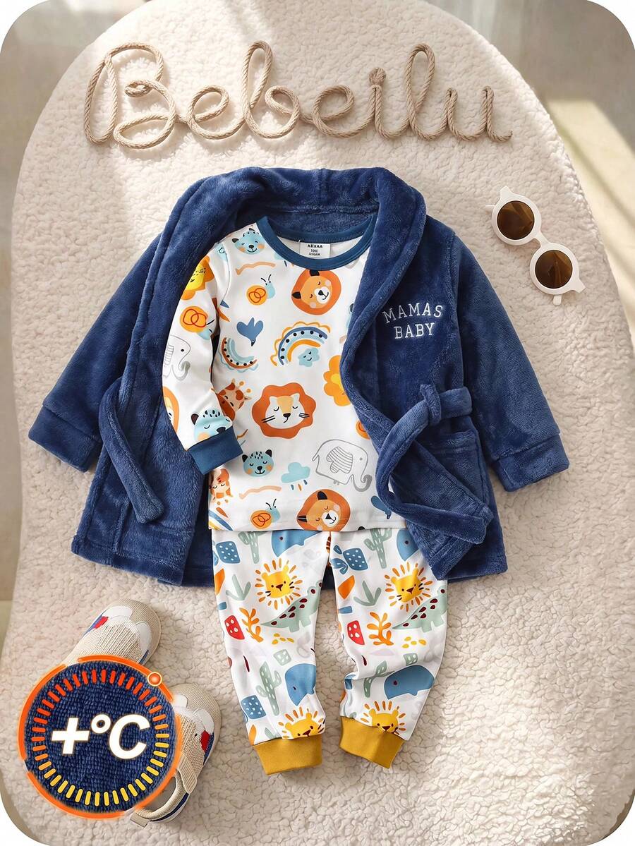 Baby Boy Cute Autumn/Winter Fluffy Deep Blue Embroidered Letter Pattern Loungewear - Royal Blue - View 1