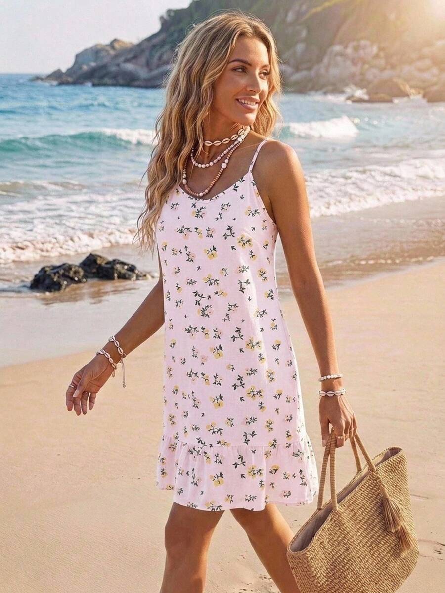 SHEIN LUNE Women's Printed Mini Ruffle Hem Cami Dress Beach Vacation Pink Floral Summer Tropical Sexy Jamican - Multicolor - View 1