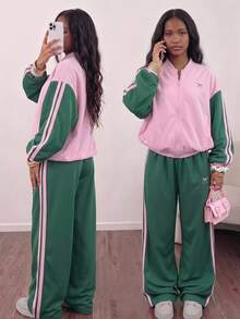SHEIN Sparklyn 青少年女孩秋季套裝 2 件組，拼色條紋拉鍊外套附刺繡蝴蝶結細節，搭配鬆緊腰長褲 - 粉色 - 查看 2