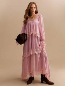 CielaLinda Women's Lace Trim Ribbon Chiffon Maxi Dress, Long Sleeve Flowy Dress, Romantic Boho Dress - Pink - View 5