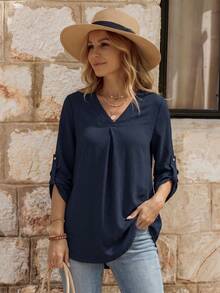 EMERY ROSE 1 pieza Blusa holgada de unicolor con cuello en V y mangas con puño, casual, para otoño - Azul Marino - Ver 3