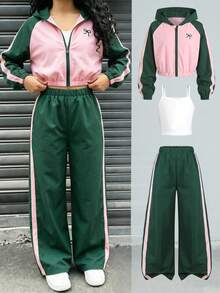 SHEIN 3件組 青少年女孩休閒返校系列 酒紅色拼色連帽拉鍊短版背心 - 彩色 - 查看 4