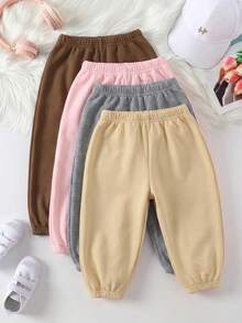 SHEIN 女嬰秋冬可愛純色鬆緊腰長褲 4件組 - 彩色 - 查看 4