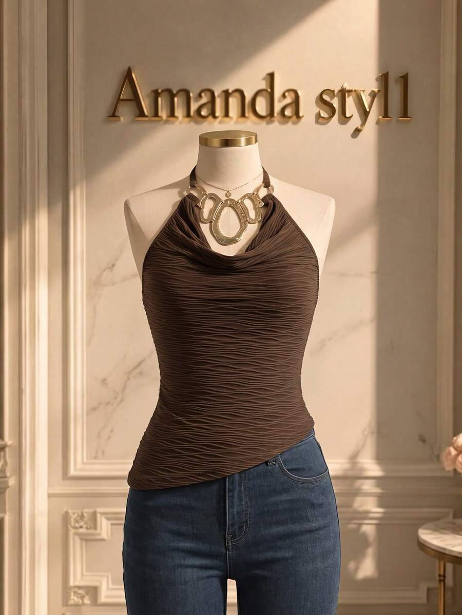Flairista Spring Summer Coffee Crinkle Fabric Halter Cami, Chain Link Draped Neck Slim Waist Daily Streetwear - Coffee Brown - View 1