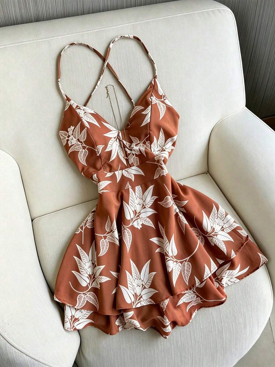 Franclia 女款法式復古夏季新款綠色花卉印花細肩帶洋裝，V領收腰A字短裙，度假風極簡性感仙女風洋裝 - 彩色 - 查看 1