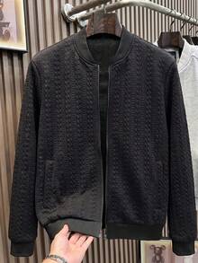Manfinity Men's Solid Color Long Sleeve Zip-Up Baseball Jacket - Black - View 1