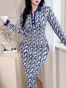 Feyla Women's Geometric Pattern Collar Button Design Sweater - Navy Blue - View 4