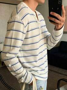 Resyla Men 男款條紋圖案鈕扣長袖落肩圓領休閒T恤 - 白色 - 查看 3