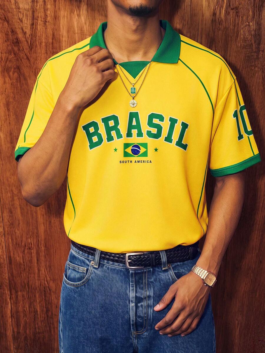 Aesthetic Post 復西隊經典黃綠條紋 Polo 衫,美國 BRASIL 10 號印花球衣,男女款圖案 T 恤,男士夏季時尚休閒運動衫,足球,足球用品 - 彩色 - 查看 1