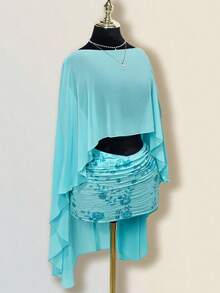 SHEIN ICON 女士亮片刺绣褶皱紧身迷你裙，夜店性感款 - 藍色 - 查看 13