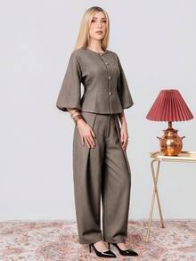 PRISCILA ESCOTO PRISCILA ESCOTO Elegant Retro French Style Women's Romantic Date High-End Design Herringbone Round Neck Cropped Balloon Sleeve Cinched Waist Matel Button Blazer Fall - Multicolor - View 6