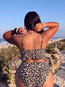 SHEIN Swim Plus Size Women's Summer Beach Leopard Print Sexy Fashion Bikini Two-Piece Swimwear Set - Multicolor - View 2