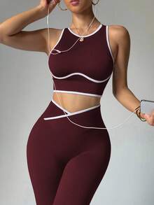 SHEIN Velisys Women's Colorblock Cropped Top And Leggings Casual Daily Sports Set - Multicolor - View 7