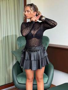 Jeta Ari Rok Mini Ruffle Gaya Gothic untuk Wanita, Cocok untuk Musim Panas, Pesta Malam, dan Festival, Rok Mikro Gaya Gothic - Hitam - View 3